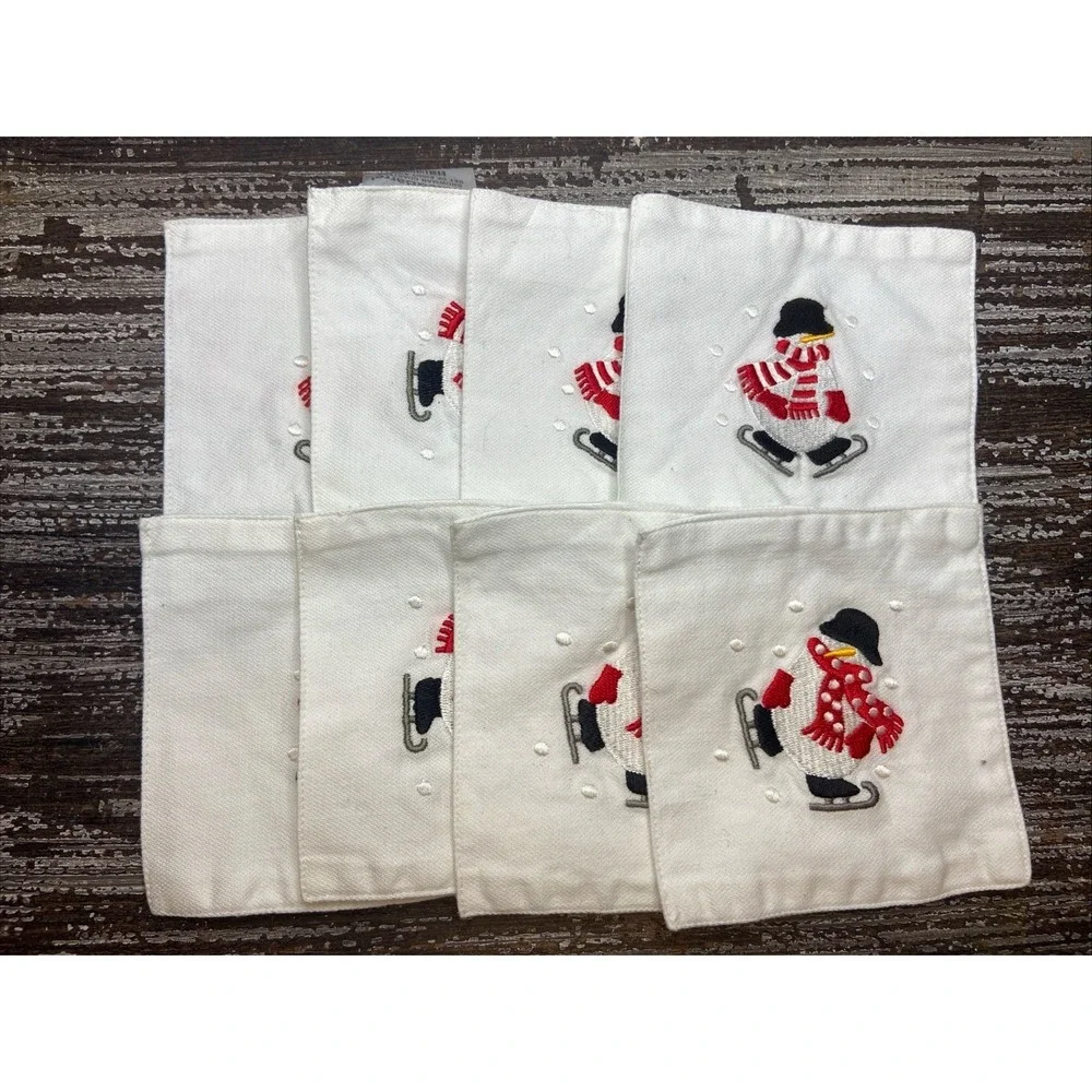 Crate and barrel Embroidered Holiday Skating Snowman Linen Coasters New Set Of 8